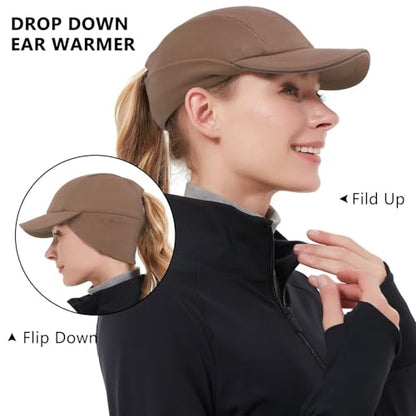 GADIEMKENSD Women's Winter Reflective Fleece Ponytail Hat with Drop Down Ear Warmer - color: Brown, size: 7-7 1/8