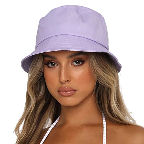 Bucket Hat for Women Men, Reversible Cotton Summer Sun Beach Cap Solid Color Style - color: A-lavender