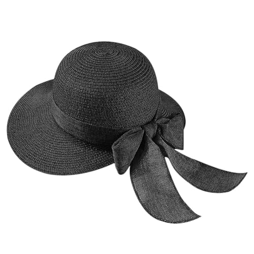 Women Straw Beach Sun Hat Wide Brim UV Protection Floppy Sun Hats - color: Black