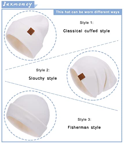 jaxmonoy Slouchy Knit Beanies Winter Hats for Women Men Soft Warm Reversible Slouch Cuffed Skull Knitted Beanie Cap - color: White