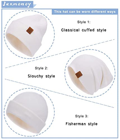 jaxmonoy Slouchy Knit Beanies Winter Hats for Women Men Soft Warm Reversible Slouch Cuffed Skull Knitted Beanie Cap - color: White