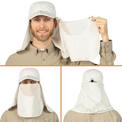 SUN CUBE Fishing Sun Hat with Neck Flap & Face Cover, Wide Brim UPF50+ Cap - color: Beige