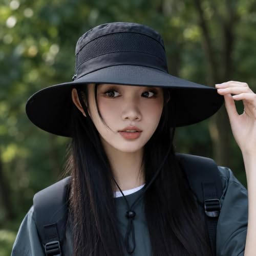 Sun Hats for Women Outdoor Breathable Wide Brim Hat Mesh Ponytail Hole Bucket Hat - color: Black