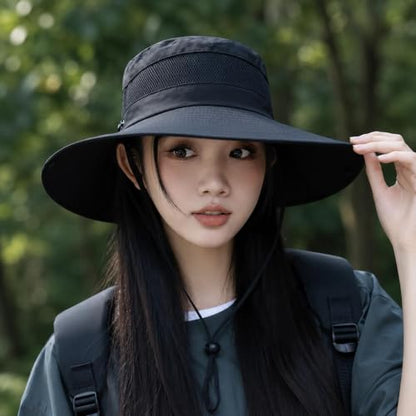 Sun Hats for Women Outdoor Breathable Wide Brim Hat Mesh Ponytail Hole Bucket Hat - color: Black