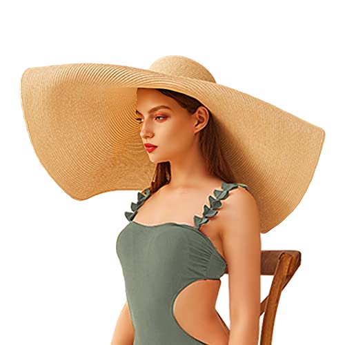 Oversized Beach Straw Hats for Women Floppy, Extra Large Sun Visor Hat Wide Brim Summer Roll Up Big Beach Hat Women Foldable - color: Diameter 70cm Khaki