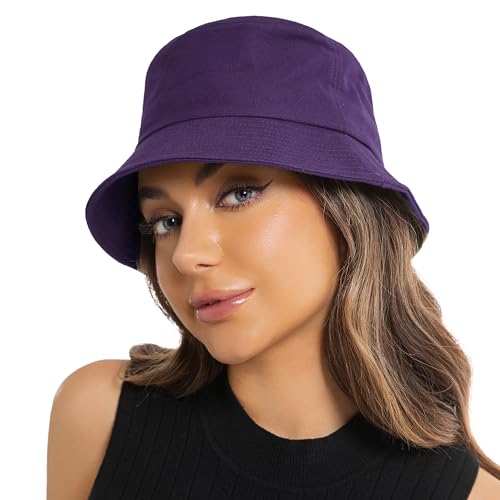 Wheebo Solid Color Bucket Hat for Women Summer Beach Fishmen Hat for Lady Adult Unisex Cotton Cap…… - color: A-sc-purple