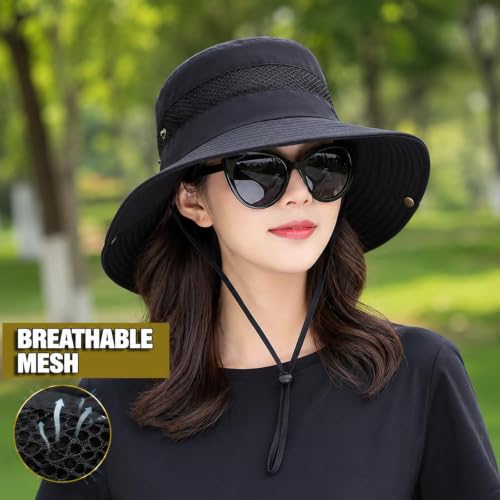 Sun Hats for Women Outdoor Breathable Wide Brim Hat Mesh Ponytail Hole Bucket Hat - color: Black