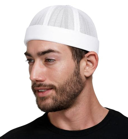 DIYDECAL Mens Mesh Brimless Cap,Summer Skullcap Docker Beanie Hat - color: White