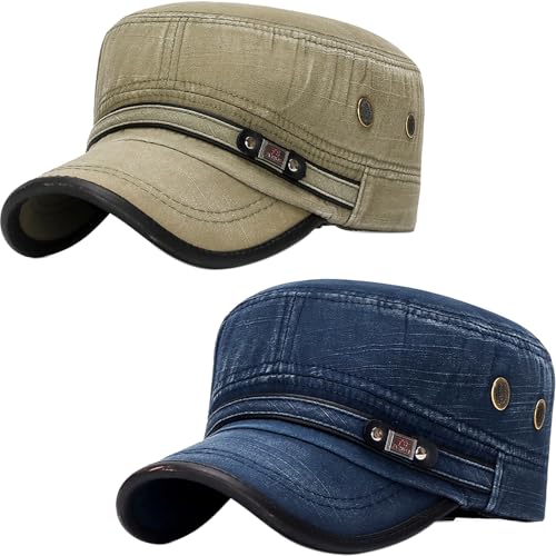 Cadet Army Hat 2 Pieces Flat Top Cap Unisex Military Hat for Women Men - color: Navy E + Army Green E