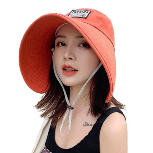 Women Floppy Sun Beach Hat Packable Wide Brim Bucket Hat UPF 50+ UV Protection Travel Beach Cap - color: Orange