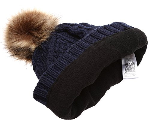 Women's Winter Fleece Lined Cable Knitted Pom Pom Beanie Hat - color: Navy