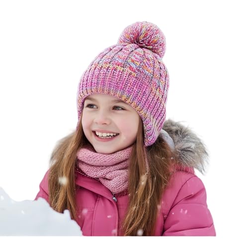 FENELY Girls Boys Winter Hat 3-12, Children's Warm Knitted Earflaps Beanie with Pom Pom Thicken Fleece Lining Cap for Kids - color: Rainbow Mix