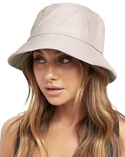 FURTALK Bucket Hats for Women Washed Cotton Packable Summer Beach Sun Hats Bucket Hat with Strings for Travel - color: Beige