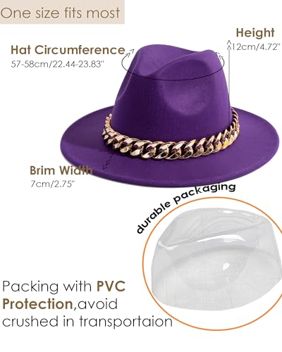 Men & Women Wide Brim Fedora Hat with Chain Buckle - color: Chain Belt-purple