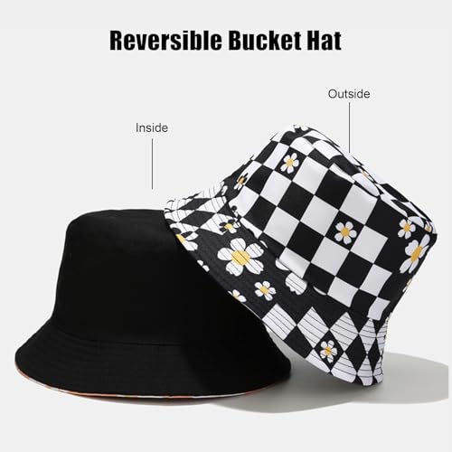 Bucket Hat for Women Men, Cotton Reversible Double Side Wear Sun Hats Beach Fisherman Hat - color: Small Checkered Flowers Black