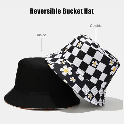 Bucket Hat for Women Men, Cotton Reversible Double Side Wear Sun Hats Beach Fisherman Hat - color: Small Checkered Flowers Black