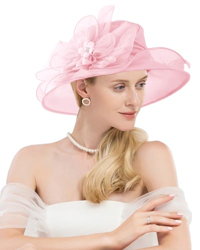 Women Organza Kentucky Hat Fascinator Tea Party Derby Hat Feather Wedding Church Head Ornament Sun Hats - color: 018-pink