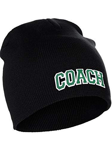I&W Sports Team Coach Arch Letters Winter Knit Cuffless Beanie 3D Raised Layers - color: Black Beanie White Green