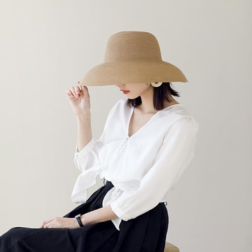Women's Floppy Wide Brim Summer Beach Straw Hat UPF 50+ Sun Hat - color: Khaki