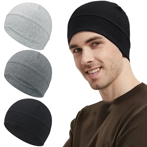 Qearl 3 Pcs Cotton Skull Caps Beanie Sleeping Hats for Men Women Multicolor
