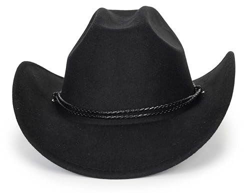 Western Felt Cowboy Cowgirl Hat - Wide Brim Panama Jazz Fedora Hat with Floral Engraved Buckle Belt Decoration 22.4" to 22.8" - color: Blackchin