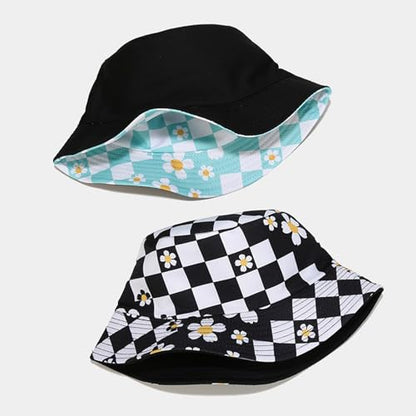Bucket Hat for Women Men, Cotton Reversible Double Side Wear Sun Hats Beach Fisherman Hat - color: Small Checkered Flowers Blue