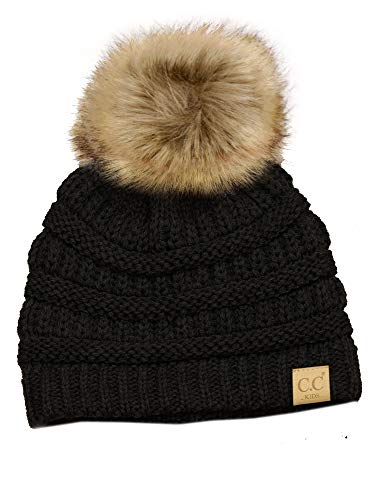 C.C Children's Kids' Soft Stretch Cable Knit Faux Fur Pom Beanie Hat - color: Black
