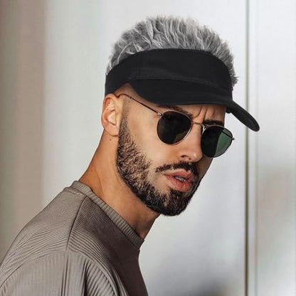 Adjustable Sun Visor Hat with Wig Spiked Hairs Fashion Baseball Golf Cap for Men & Women - color: Black+grey Hair