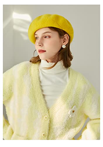 Women French Wool Beret Hats - Solid Color Classic Beanie Winter Cap - color: Yellow