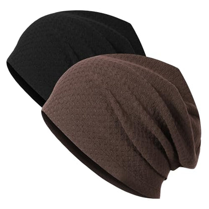 2 Pack Spring Slouchy Beanie for Men Women Lightweight Stacked Skull Cap Chemo Cap Night Sleeping Hat - color: Black+brown