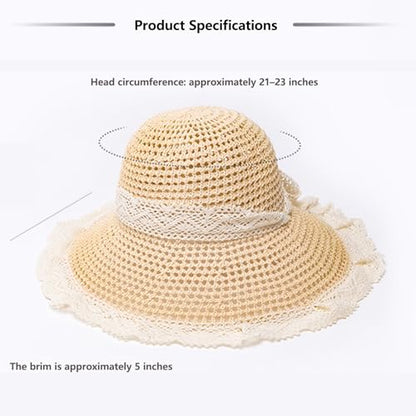Women's Wide Brim Straw Sun Hat Beach Travel Bucket Hat Packable - color: Khaki