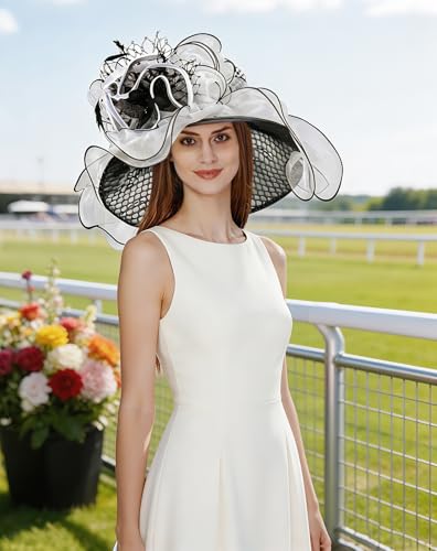 Z&X Women Organza Church Derby Hat Wide Brim Sun Hats for Wedding Tea Party Fascinator Hat, Dual-use - color: 2001- Black and White