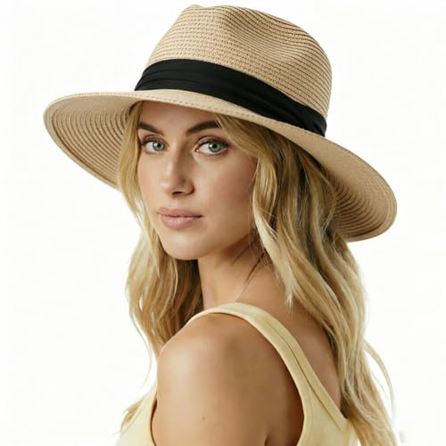 DRESHOW Women Straw Panama Hat Travel Fedora Beach Sun Hat Summer Wide Brim Straw Roll up Hat UPF 50+ - color: Z Panama Straw Hat: Khaki a