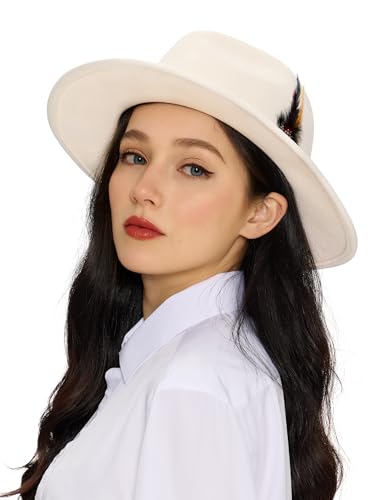 Fedora Hats for Women, Wool Felt Wide Brim Panama Style with Band, Adjustable Drawstring Fit, Dress Church Hat for Men - color: White, size: 7 1/4