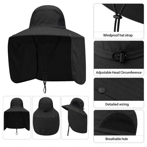 HUAMULAN Women Men Wide Brim Sun Hat Hiking Fishing Hats with Neck Flap - color: Black Solid