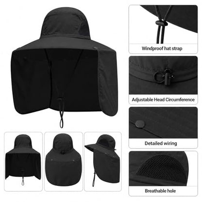 HUAMULAN Women Men Wide Brim Sun Hat Hiking Fishing Hats with Neck Flap - color: Black Solid