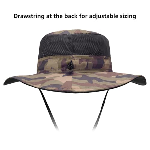 BASSDASH UPF 50+ Fishing Sun Hat Water Resistant Unisex Wide Brim Bucket Boonie Hat for Hiking Camping Safari FH15 - color: Earth Camo, size: Large