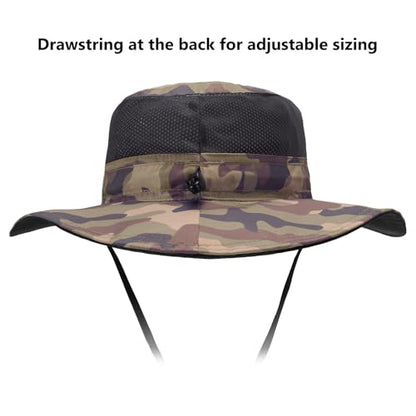BASSDASH UPF 50+ Fishing Sun Hat Water Resistant Unisex Wide Brim Bucket Boonie Hat for Hiking Camping Safari FH15 - color: Earth Camo, size: Large