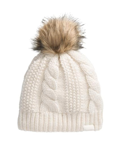THE NORTH FACE Women's Oh Mega Fur Pom Lined Beanie | Deep Fit, Cuffed Winter Hat With Soft Cable Knit & Fleece Lining - color: White Dune