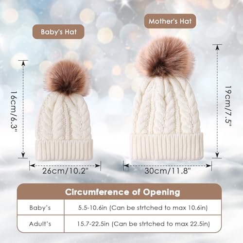 2PCS Parent-Child Knit Hat Family Matching Winter Warmer Hat Mother & Baby Crochet Beanie Ski Cap with Pom - color: White