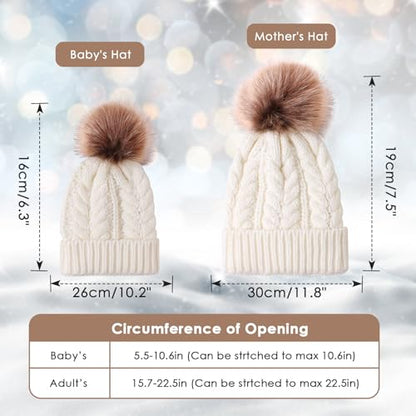 2PCS Parent-Child Knit Hat Family Matching Winter Warmer Hat Mother & Baby Crochet Beanie Ski Cap with Pom - color: White