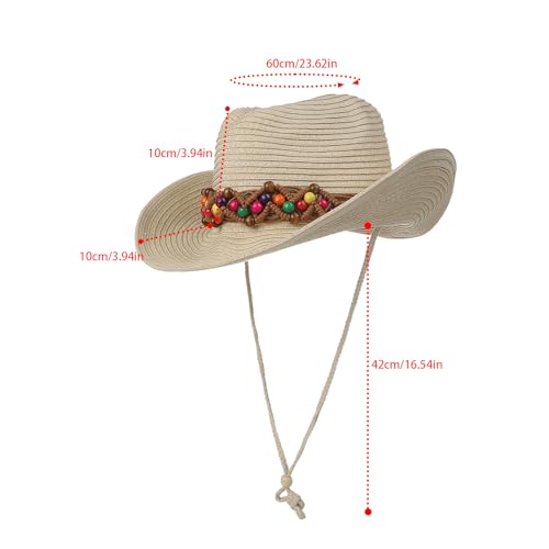 Unisex Straw Cowboy Hat Wide Brim Western Sun Hat Adjustable Beach Cowgirl Hat for Summer Outdoor Sun Protection - color: Beige,woven Strap