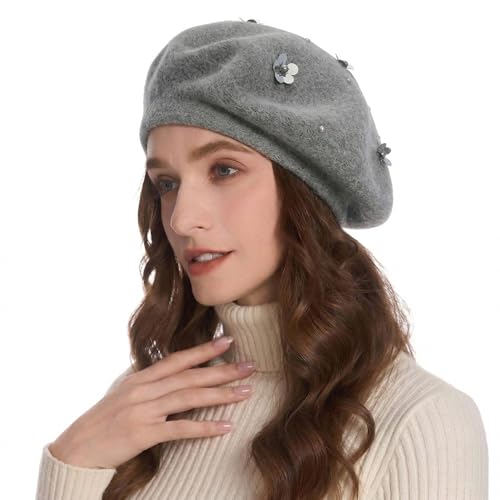 ZLYC Women French Beret Hat Reversible Knit Thickened Warm Artist Cap - color: Paillettes Gray