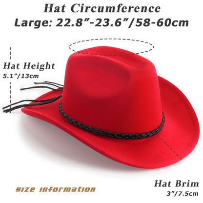 DRESHOW Western Cowboy Hat for Men Women Cowboy Cowgirl Hat Outdoor Wide Brim Retro Felt Fedora Hats Unisex Rolled up Caps - color: 1 Pack Style 8: Red