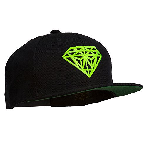 Big Diamond Outline Embroidered Flat Bill Black Cap - color: Neon Green