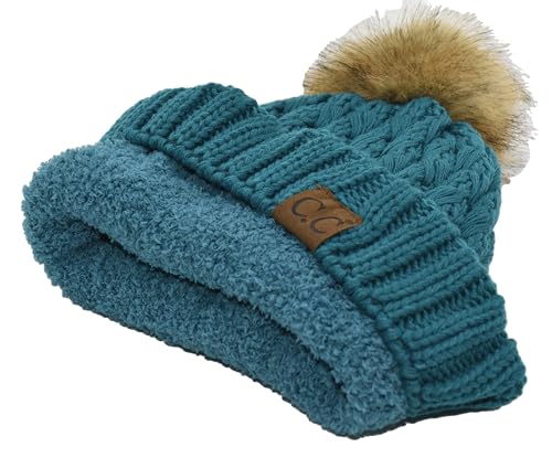 C.C Knit Beanie Hat – Fuzzy Fleece Lined Warm Winter Hat, Faux Fur Pom Soft Stretchy Slouchy Knit Cap, Cold Weather Beanie - color: Teal Blue