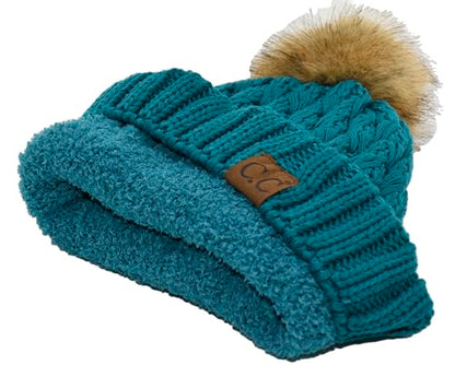 C.C Knit Beanie Hat – Fuzzy Fleece Lined Warm Winter Hat, Faux Fur Pom Soft Stretchy Slouchy Knit Cap, Cold Weather Beanie - color: Teal Blue
