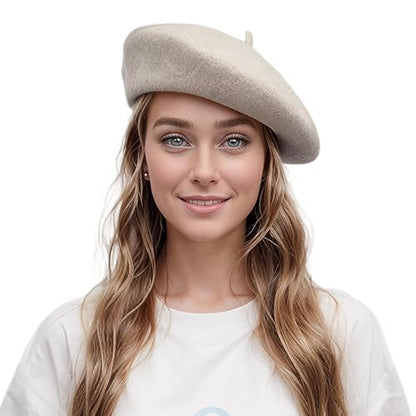Lanzom Wool Blend Women Beret Hat French Beret Cap Winter Fashion Solid Color Hat for Women Girls Lady - color: Beige