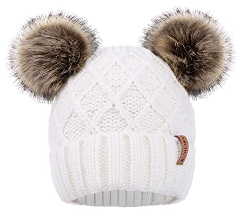 Arctic Paw Womens Winter Hat Cable Knit Beanie for Women Faux Fur Pompom Ears - color: White_grid