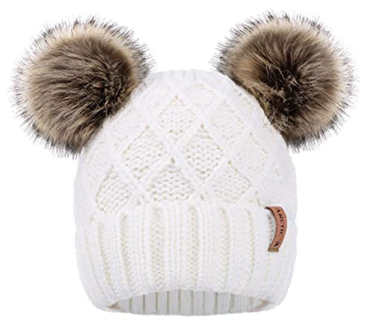 Arctic Paw Womens Winter Hat Cable Knit Beanie for Women Faux Fur Pompom Ears - color: White_grid